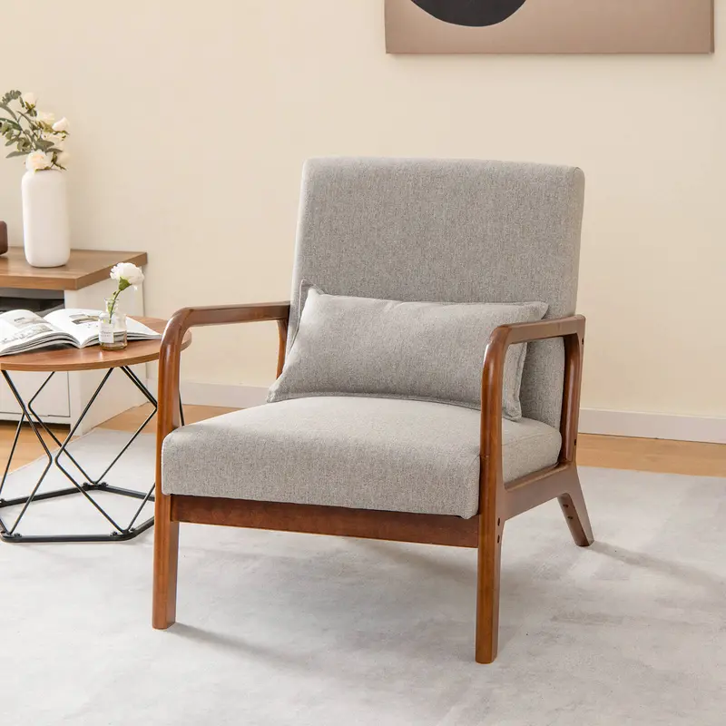 Modern Accent Chair In Grey With Lumbar Support Pillow & Rubberwood Frame 1