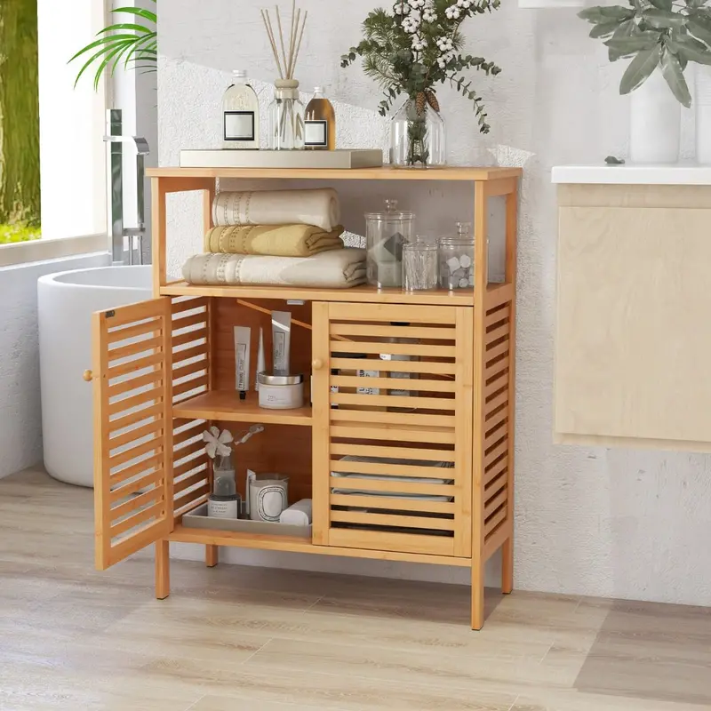 Natural Bamboo Freestanding Storage Cabinet With Double Louvered Ventilated Doors 1