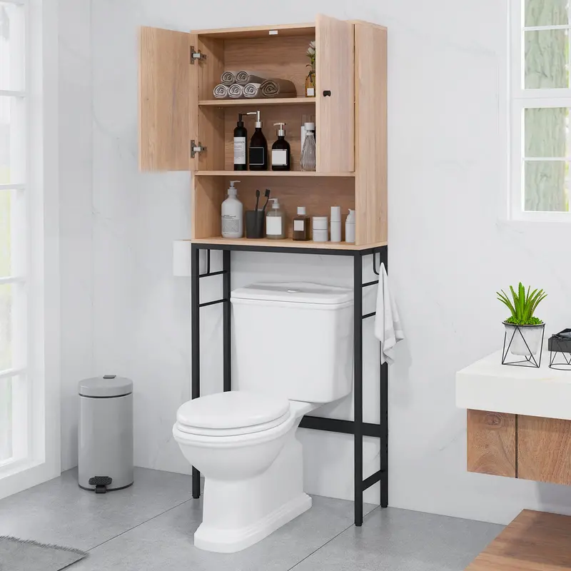 Natural-Finish Over-Toilet Storage Unit With Twin Doors And Customizable Interior Shelf 1