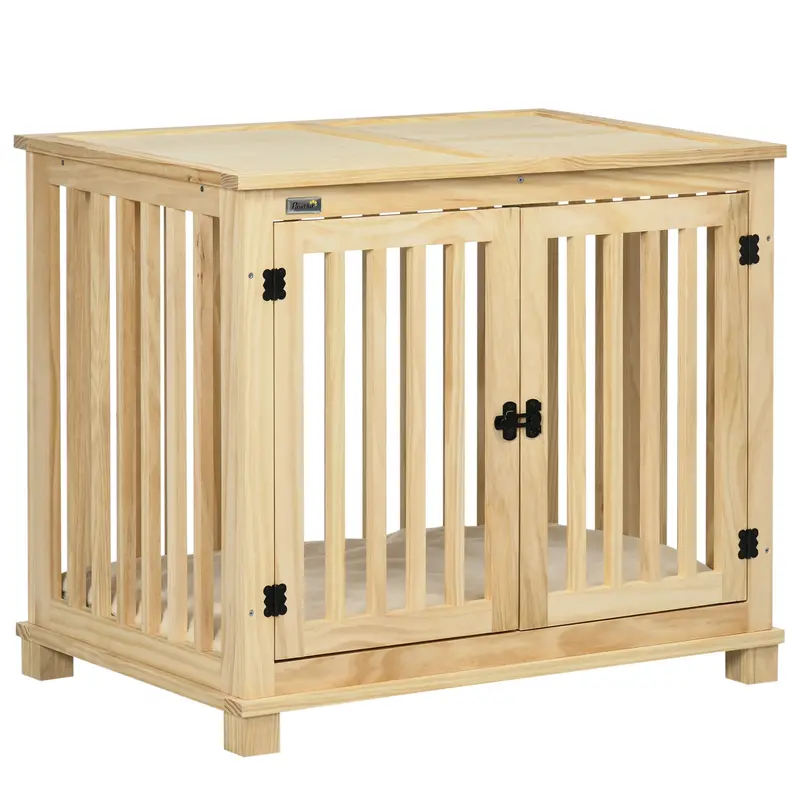 Natural-Finish Wooden Dog Crate – Medium-Sized Kennel With Dual Doors & Included Cushion 1