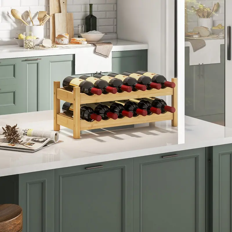Natural Wood 12-Bottle Two-Tier Wine Rack For Kitchen Or Bar Display 1