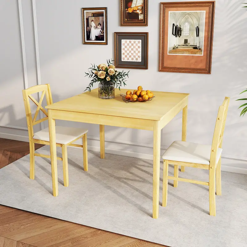 Natural Wood 3-Piece Dining Set – Square Table With Two Upholstered Chairs For Compact Spaces 1