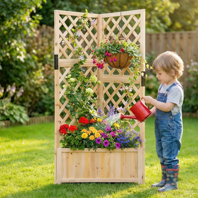 Natural Wood Corner Raised Garden Bed With Lattice Trellis And Drainage System 1