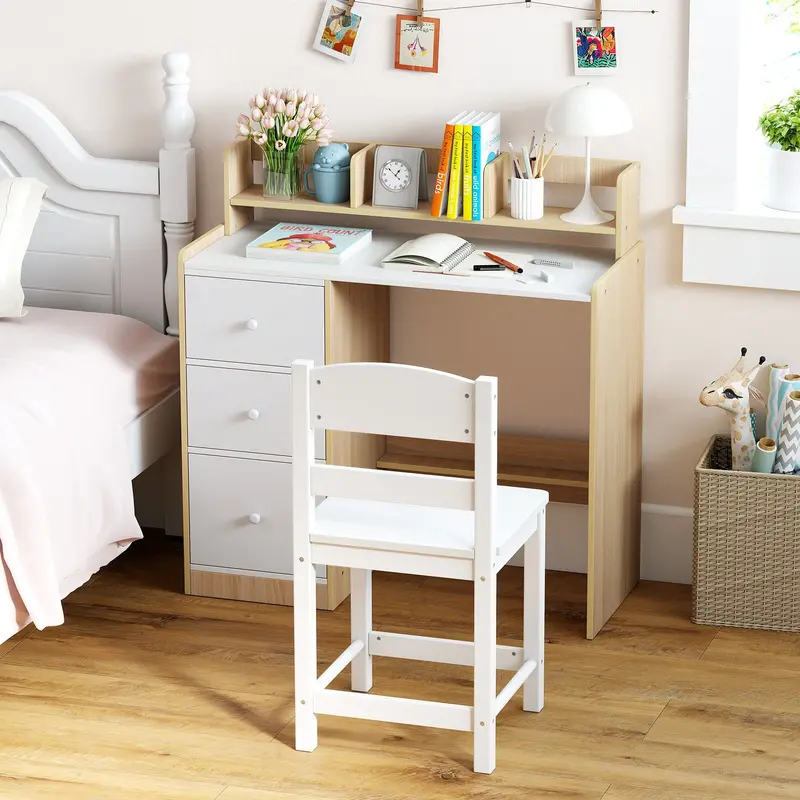 Natural Wood Kids Study Desk And Chair Set With Hutch Storage 1