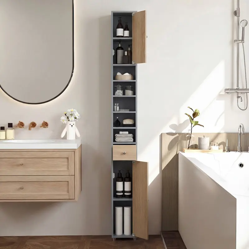 Oak-Finished Freestanding 180 Cm Tall Bathroom Cabinet – 2 Doors + 1 Drawer 1