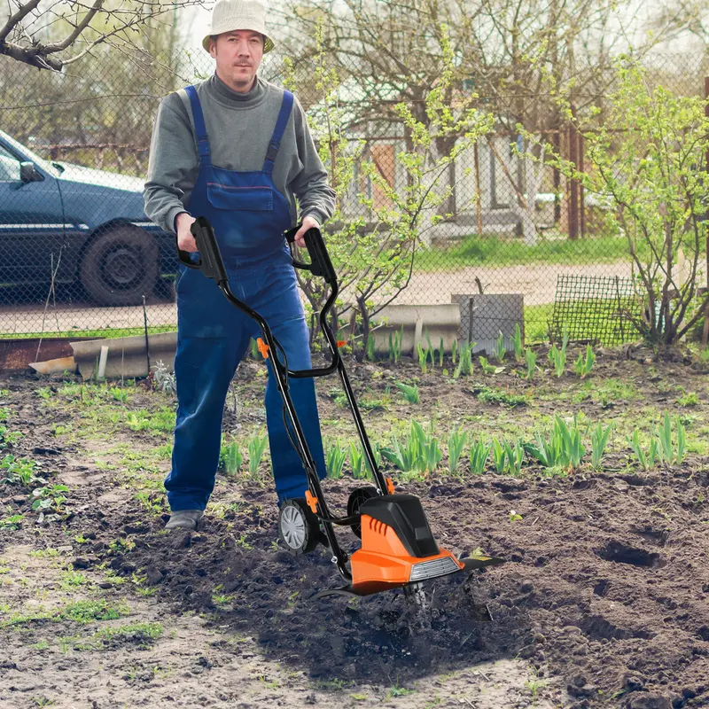 Orange Electric Garden Tiller With Foldable Handle And Height-Adjustable Wheels 1