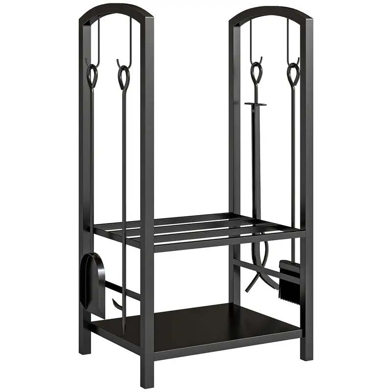Outsunny 2-Tier Firewood Rack – Indoor/Outdoor Log Holder With 4 Tools & Hooks, Black Steel Frame 1