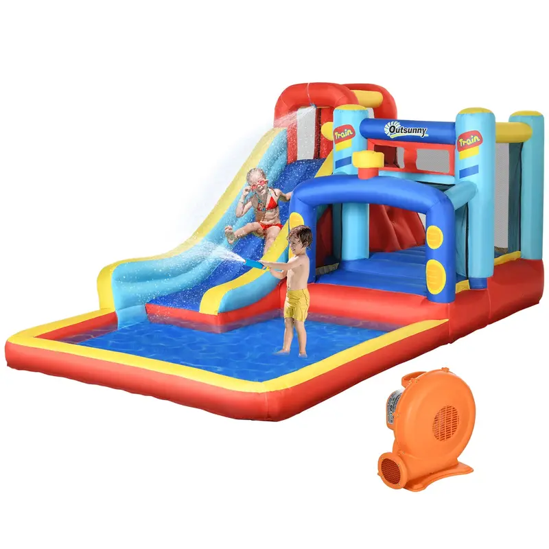 Outsunny 4-In-1 Inflatable Play Center – Slide, Trampoline, Climbing Wall & Blower Kit 1