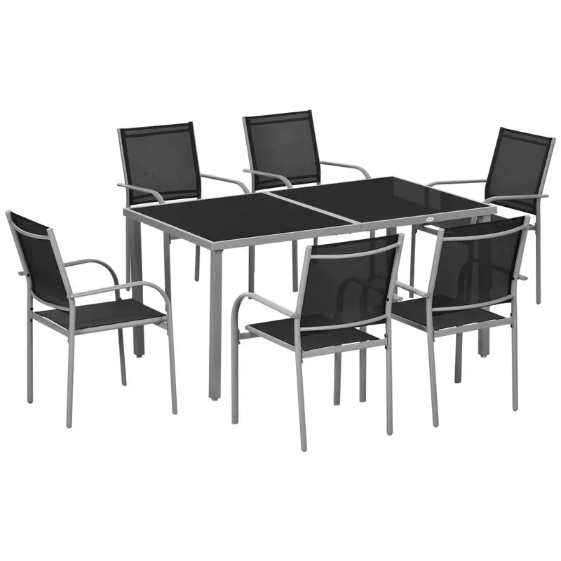 Outsunny 7-Piece Outdoor Dining Set – Steel-Frame Table With Tempered Glass Top & Six Mesh-Back Chairs, Black 1