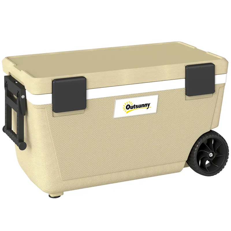 Outsunny 70L Wheeled Insulated Cooler – Portable Khaki Ice Box With Drain Valve, Reinforced Handle & Secure Lid 1