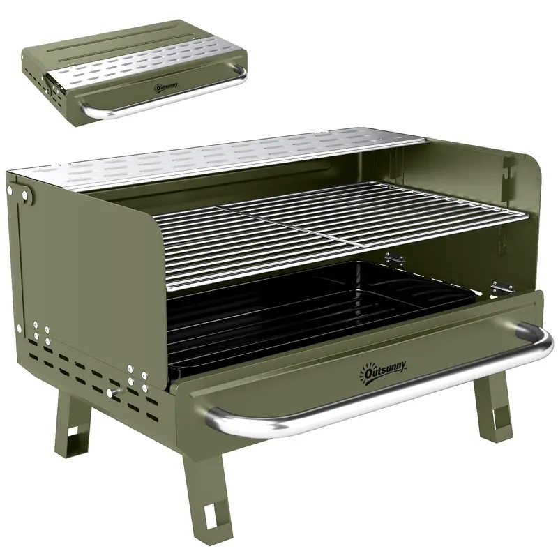 Outsunny Adjustable Charcoal Grill For Travel – Foldable Legs, Side Shelf, Green Finish 1