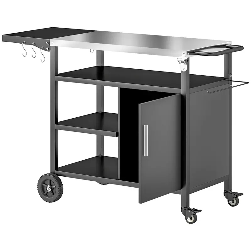 Outsunny All-In-One Bbq Trolley – Stainless Steel Outdoor Kitchen Cart With Foldable Side Table, Pizza Oven Space, Storage Shelves, Hooks & Cover, Black 1