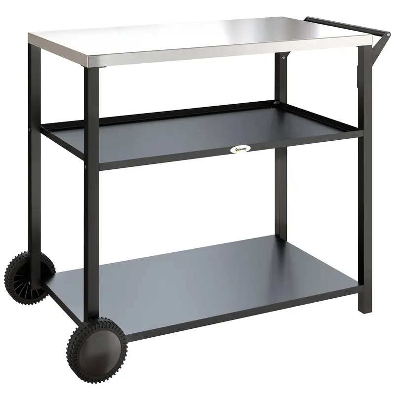 Outsunny Black Stainless Steel Outdoor Grill Cart With Prep Table & Pizza Oven Stand On Casters 1