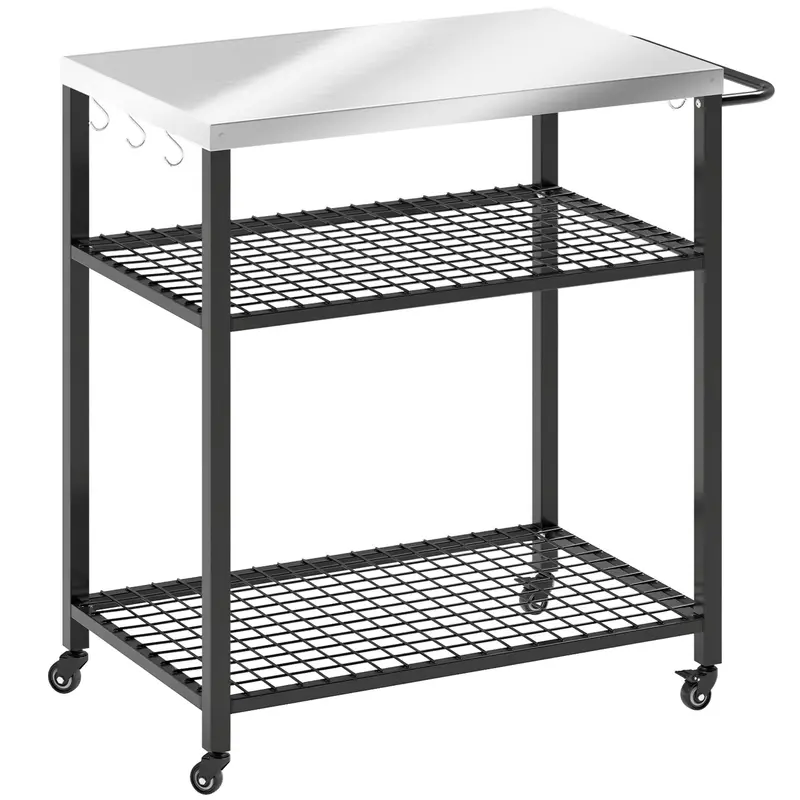 Outsunny Heavy-Duty 3-Tier Pizza Oven Stand With Dual Shelves, 6 Hooks, And Mobility Wheels 1