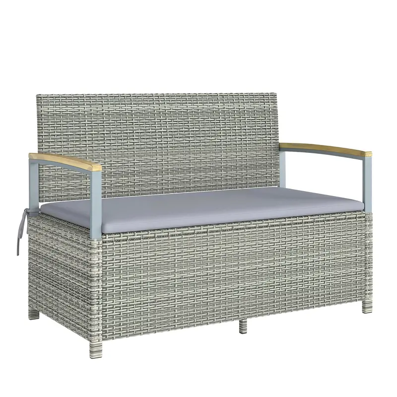 Outsunny Light Grey Rattan Garden Storage Bench With Zipped Liner, 2-Seater Outdoor Seat Featuring Gas Lift And Cushions 1