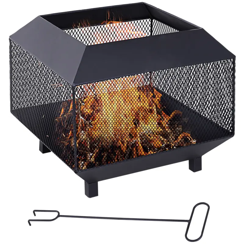 Outsunny Portable Metal Fire Pit – Square Mesh Brazier With Lid, Log Grate & Poker, 44 X 44 X 40 Cm, Black 1