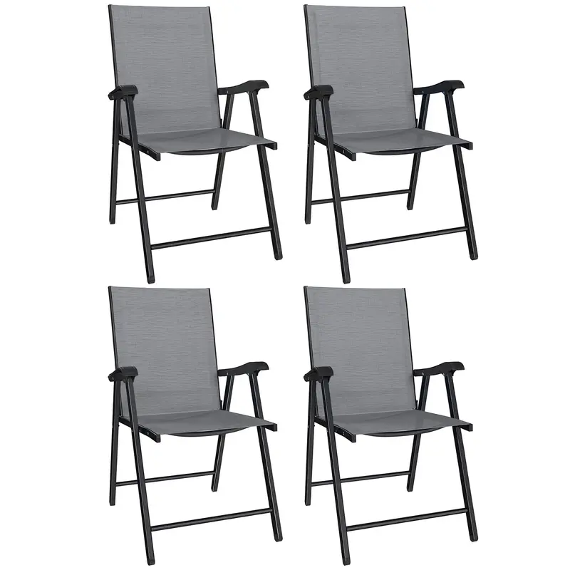Outsunny Set Of 4 Light Grey Folding Garden Chairs – High-Back Textilene Dining Seats With Armrests 1