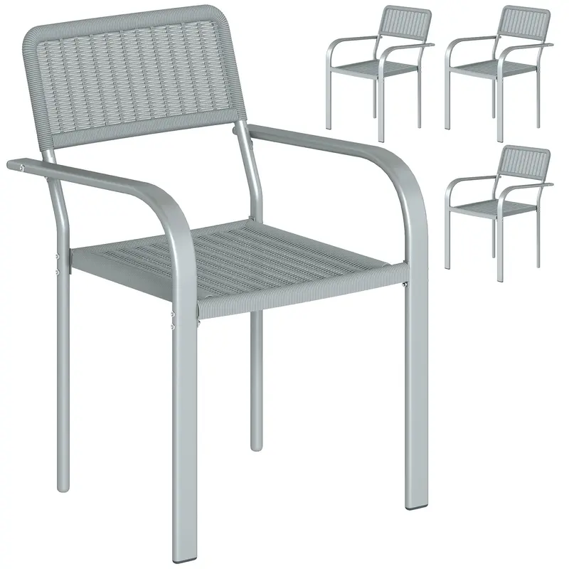 Outsunny Set Of Four Light Grey Stackable Rattan-Effect Outdoor Dining Chairs 1