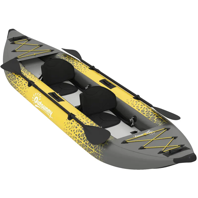 Outsunny Two-Person Inflatable Kayak – 12.5-Foot Sit-On-Top Canoe With Aluminum Oars, Grey/Yellow Combo 1