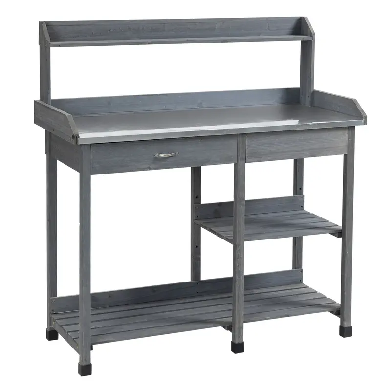 Outsunny Wooden Garden Potting Table With Metal Worktop, Shelves & Hanging Hooks For Courtyard Use 1