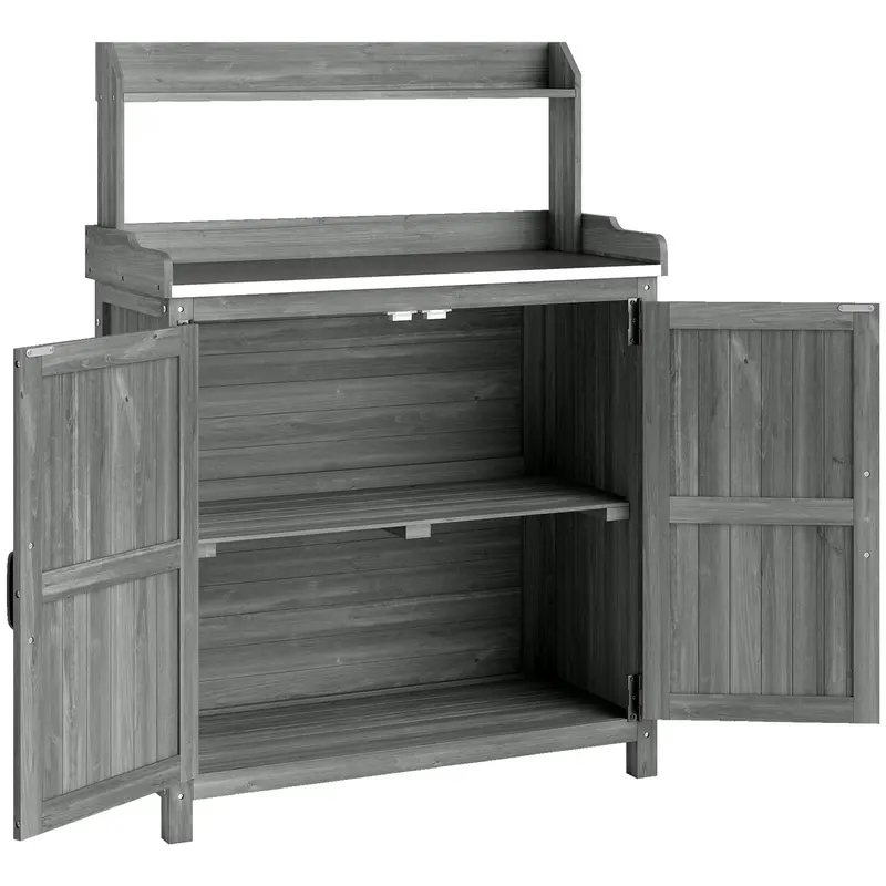 Outsunny Wooden Potting Table With Aluminium Top – Garden Workbench With Upper Shelf And Cabinet Storage 1