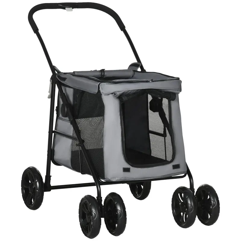Pawhut 4-Wheel Dog Pram With Rolling Door, Cushioned Seat & Safety Leashes – Compact Pet Stroller For Small To Medium Breeds, Grey 1