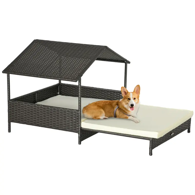 Pawhut Adjustable Elevated Dog House – Rattan-Look Kennel With Water-Resistant Canopy & Removable Cream Cushion 1