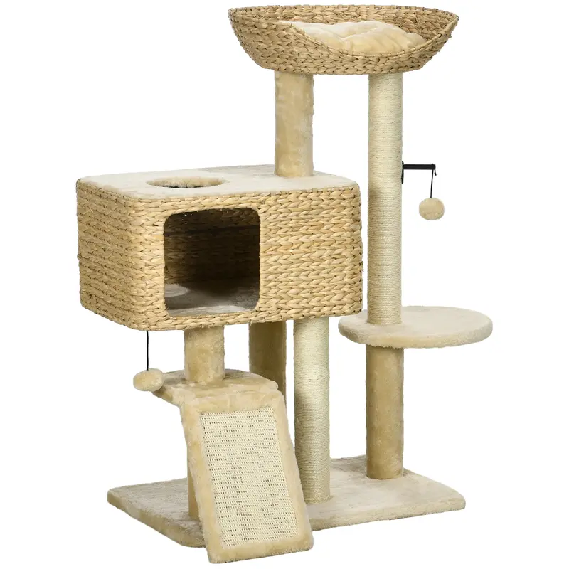 Pawhut Beige Cat Tree Tower – 95 Cm Indoor Climbing Center With Scratching Post, Cozy House, Toy Ball & Multi-Level Platform 1