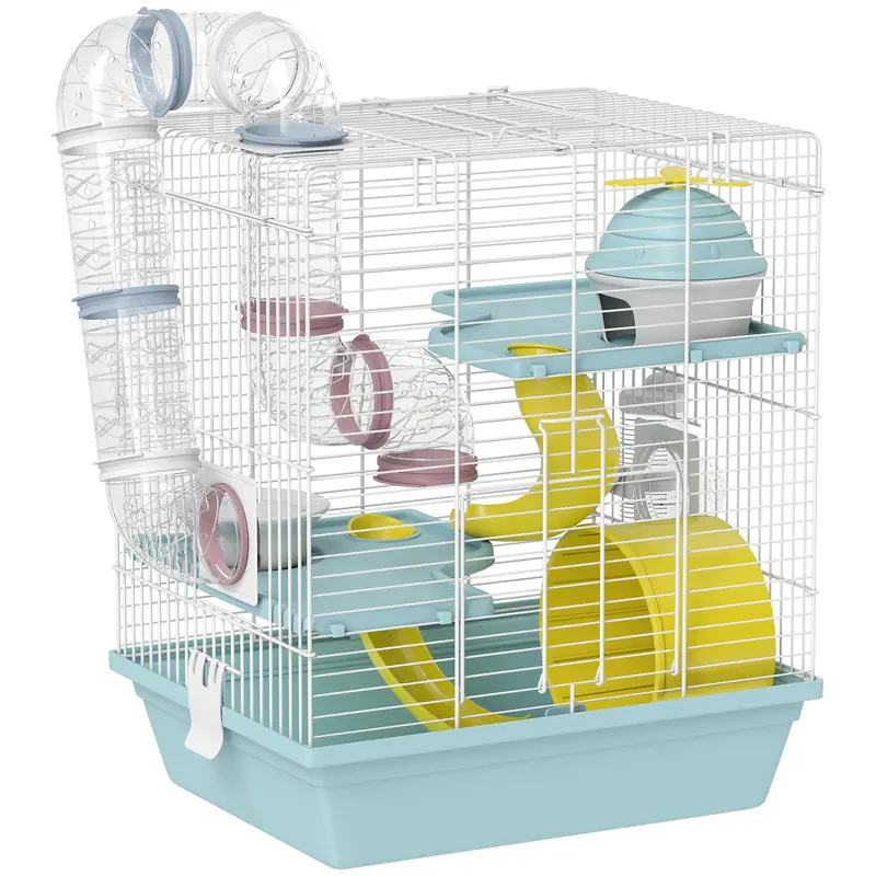 Pawhut Blue 3-Tier Hamster Habitat With Exercise Wheel, Water Bottle, And Food Bowl – 34.5 X 27.5 X 41 Cm 1