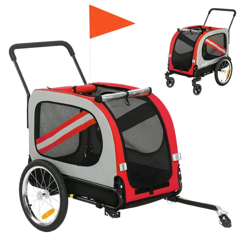 Pawhut Dual-Function Dog Bike Trailer & Stroller – Red With Reflective Flag And Universal Wheel Compatibility 1