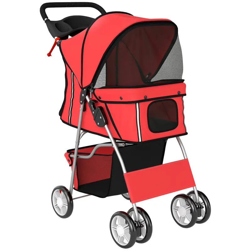 Pawhut Foldable Pet Pram With 360° Swivel Wheels, Reflective Safety Strips, And Red Frame 1