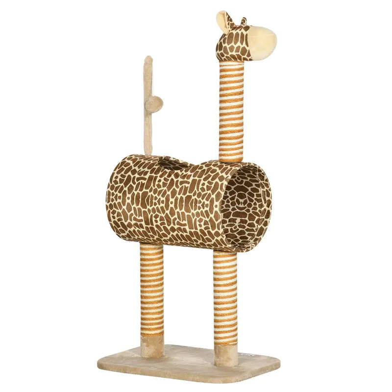 Pawhut Giraffe-Themed Cat Tree Featuring Scratching Posts, Tunnel, And Hanging Toy – Beige 1