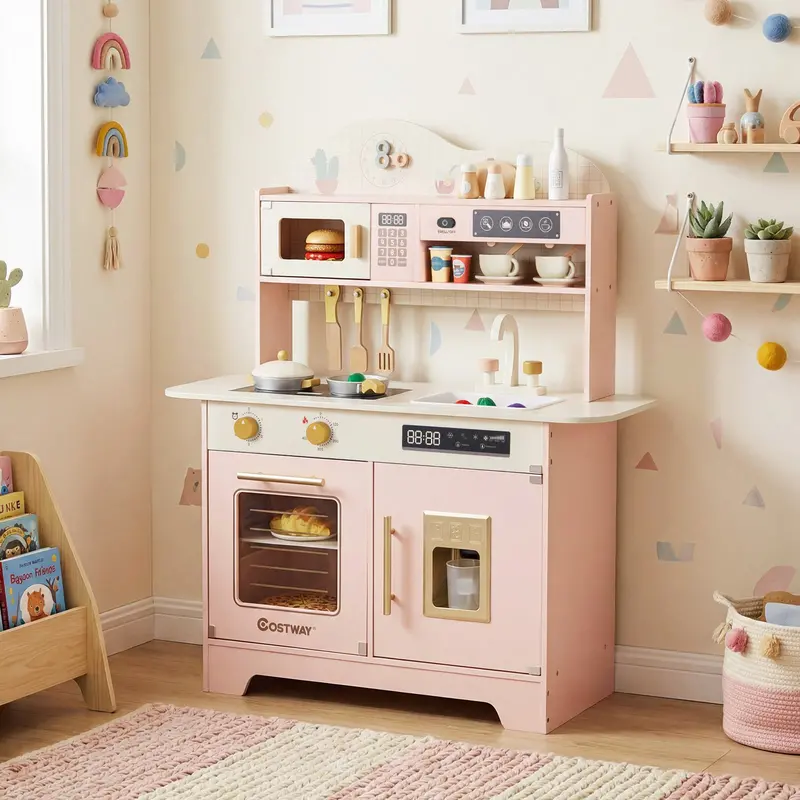 Pink Wooden Play Kitchen For Toddlers – Complete 17-Piece Pretend Cooking Set 1
