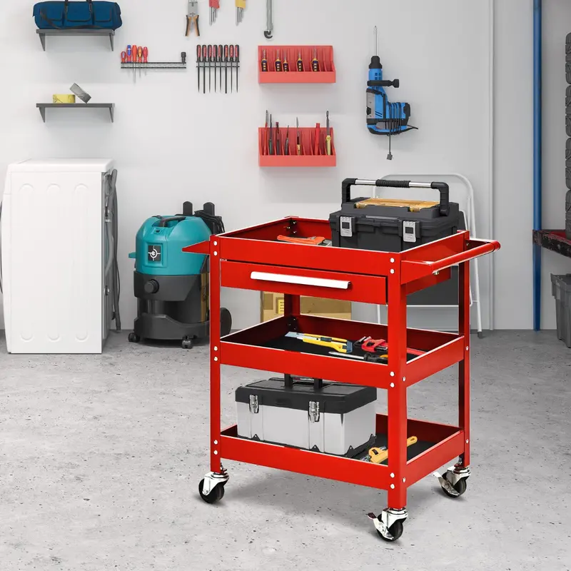 Red 3-Tier Rolling Tool Trolley With Drawer And Locking Casters 1