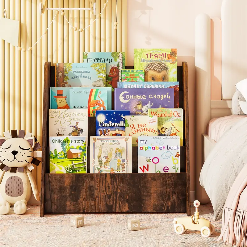 Rustic Brown 4-Tier Kids Bookshelf With Extra-Deep Compartments For Toys, Books, And School Supplies 1