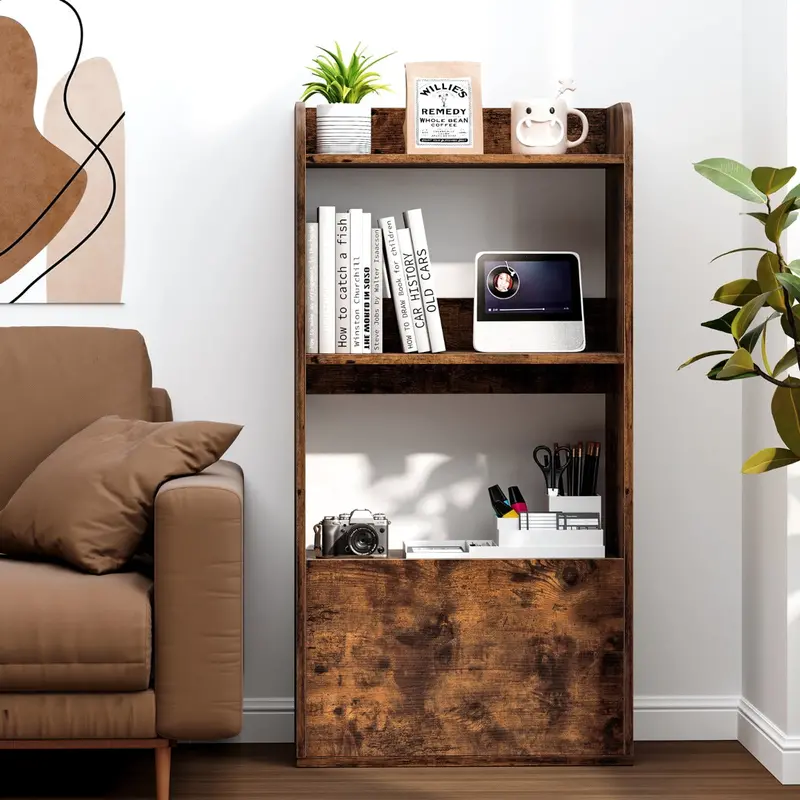 Rustic Brown Freestanding 3-Tier Bookshelf With Integrated Drawer 1
