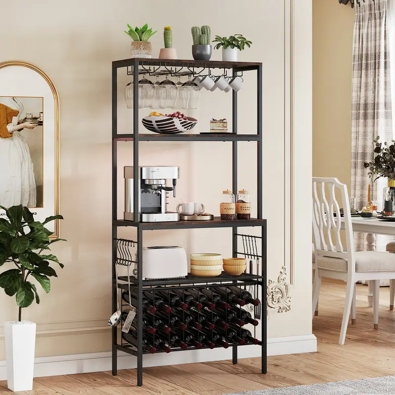 Rustic-Style Multi-Tier Wine Organizer & Utility Shelf With Outlet & Glass Shelves 1