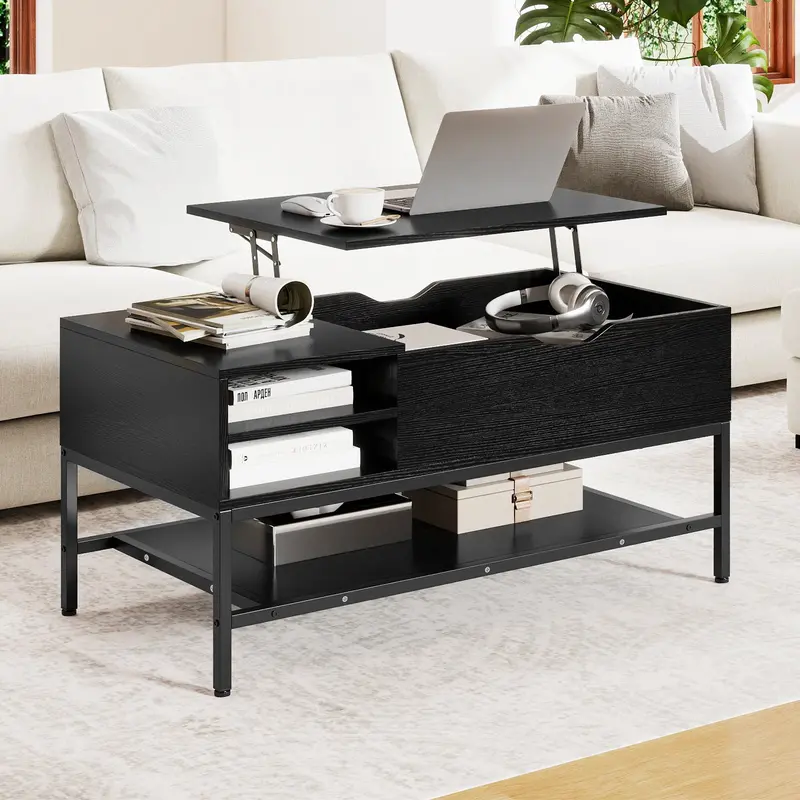 Sleek Black Lift-Top Coffee Table With Concealed Compartment And Integrated Storage Shelf 1