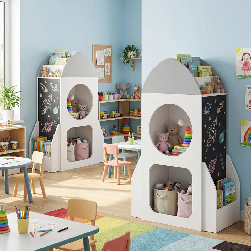 Space-Themed Kids Bookshelf – 3-Tier Rocket-Shaped Toy Organizer With Chalkboard Panel 1