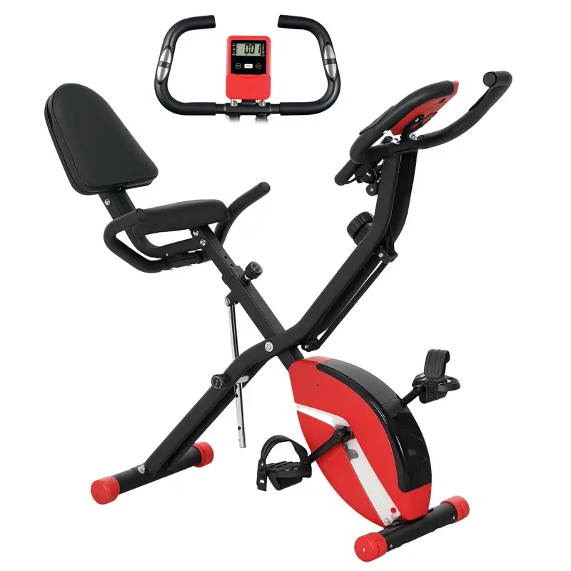 Sportnow 5-In-1 Foldable Exercise Bike – Stationary Cycle With Resistance Bands, Lcd Monitor & Phone Mount (Red) 1