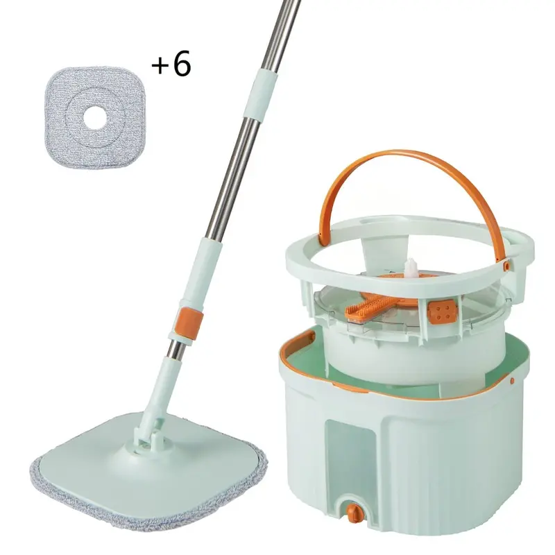 Square Spin Mop And Bucket Kit With Eight Reusable Microfiber Pads – Green 1