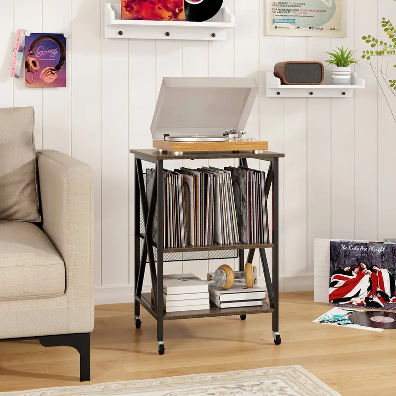Turntable Record Player Stand With Built-In Charging Station & Storage Dividers – Grey 1