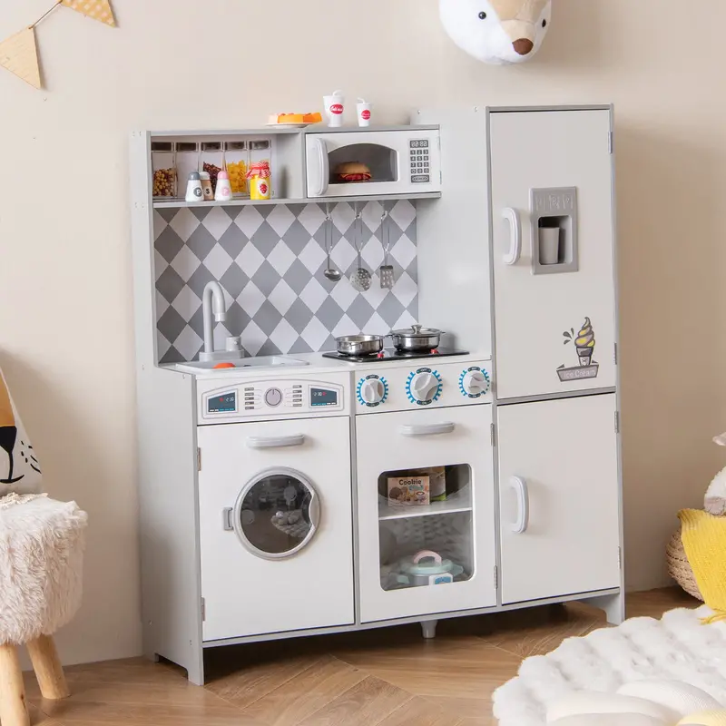 White Kids’ Pretend Play Kitchen Featuring Working Ice Maker And Functional Stovetop 1