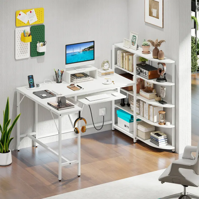 White L-Shaped Corner Desk – Modular Workspace With Storage Shelves & Built-In Charging Hub 1