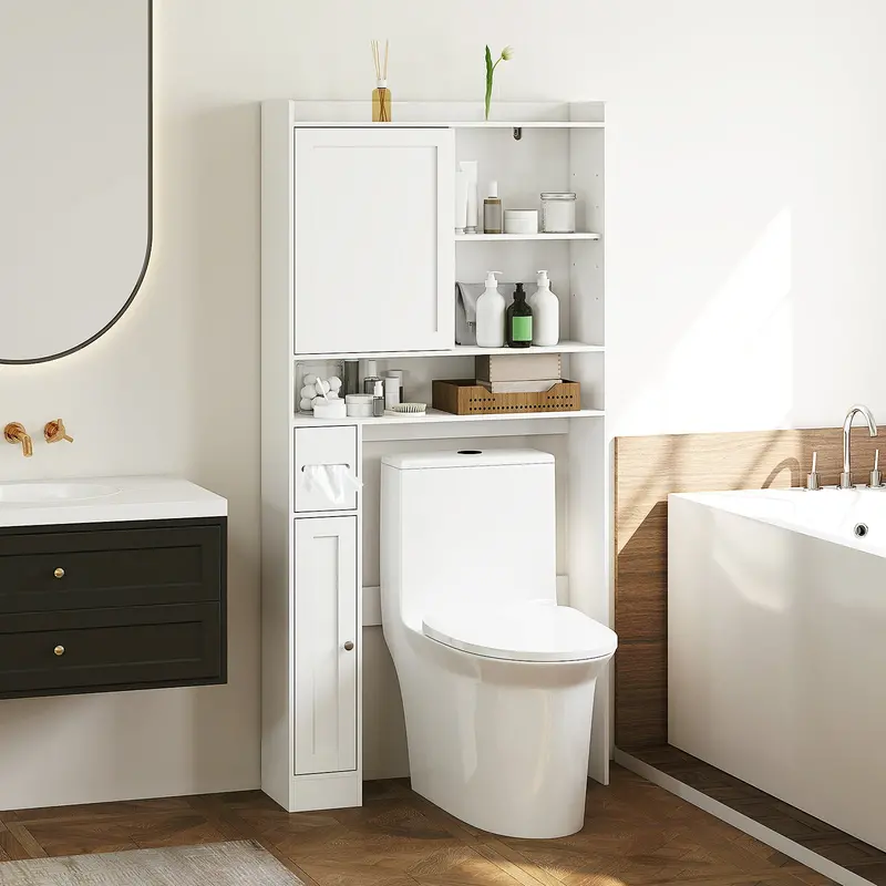 White Over-The-Toilet Storage Tower With Sliding Door And Vertical Space Optimization 1