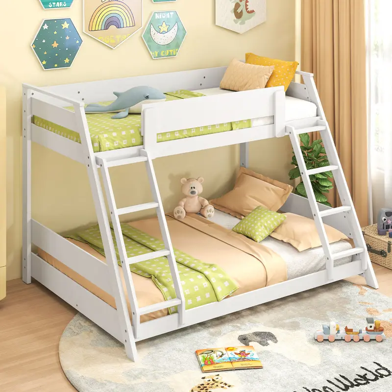 White Single-Over-Double Bunk Bed Featuring Ladders And Protective Guardrails 1