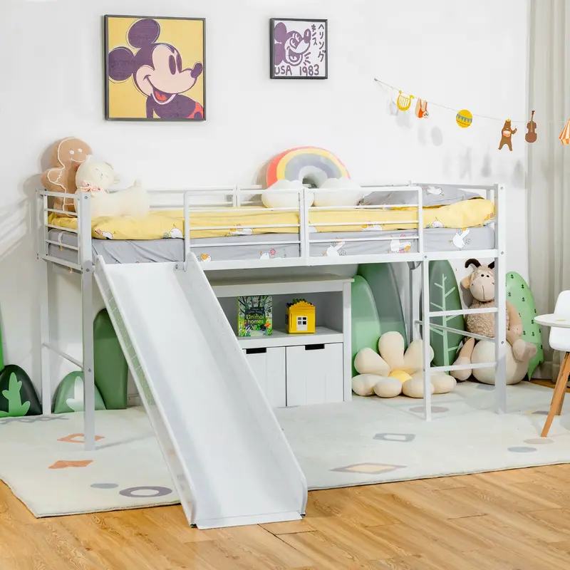 White Sliding Loft Single Bed For Kids Featuring Staircase Access And Guardrails 1