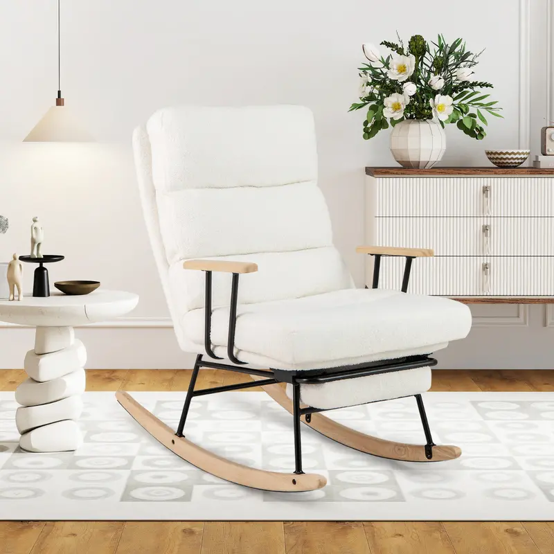White Teddy Velvet Nursery Rocking Chair – Soft Upholstered Glider For Babies 1