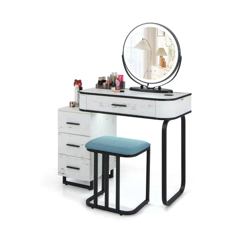 White Vanity Desk Set With 3-Color Touch-Control Mirror, Swivel Stand & Stool 1