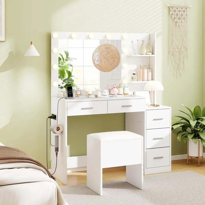 White Vanity Desk Set With Lighted Mirror, 5-Drawer Makeup Table, And Matching Stool 1